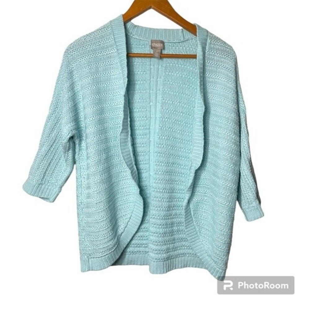 Chico's Aqua Blue Open Front Crochet Knit Cardigan Size Chico's 1 - Picture 4 of 9